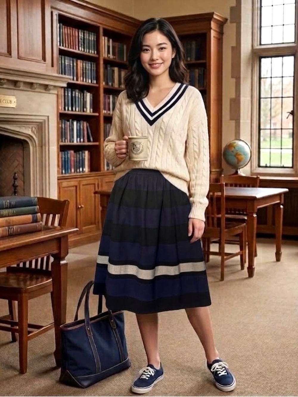 ZARA Basic Collection Preppy Blue Stripe Midi A-line Skirt - Size M